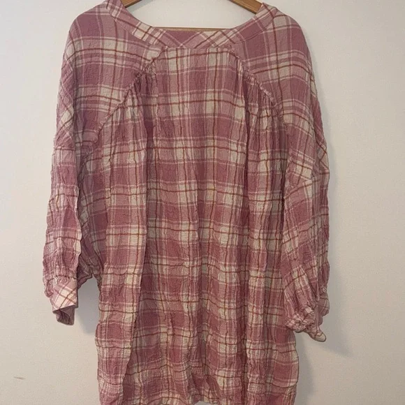 Free People Plaid Pink Women's Top Tunic size small oversized Bubble sleeve - Picture 5 of 5